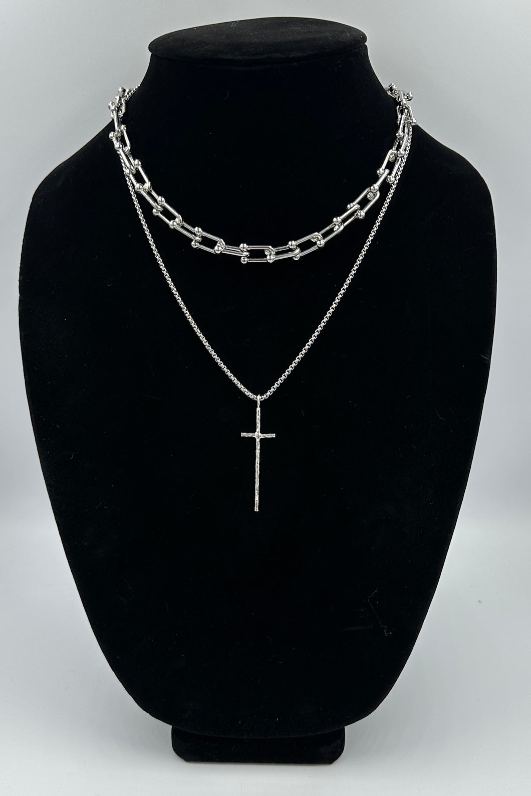 U Link Chain and Silver Hammered Cross Combination
